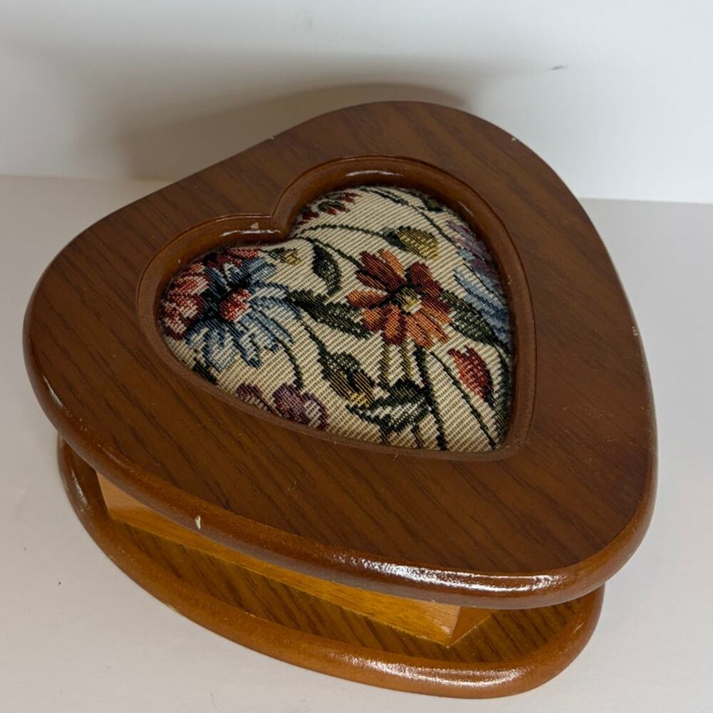 Vintage Heart Shaped Wooden Jewelry Box Floral Needlepoint Trinket Box